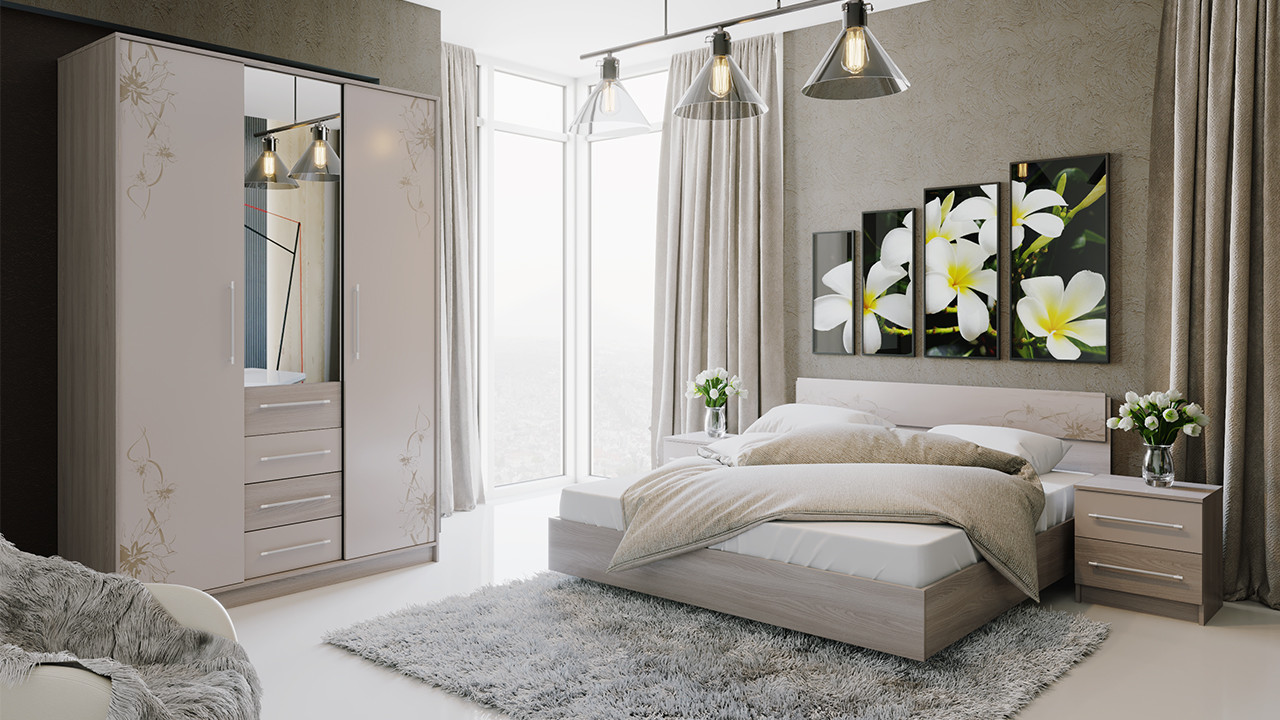 Спальный Гарнитур Мадлен №2 Ясень Шимо/Бежевый Глянец с Рисунком