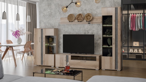 Гостиная «Брайтон» №3 Камень/Дуб Делано/Ш-3008 x В-1974 x Г-463 мм)