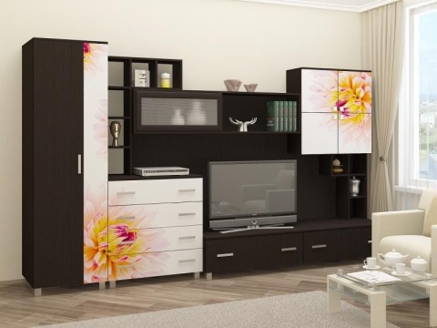 Гостиная Сицилия МДФ (Ш -3200 × В -2070 × Г-570 мм)/Венге + Белый Фотопечать на Выбор