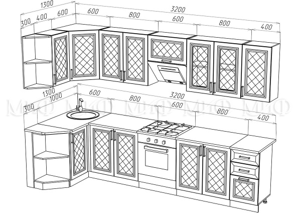 Кухонный Гарнитур Ирма Угловой МДФ 1300 х 3200 мм/Разные Цвета
